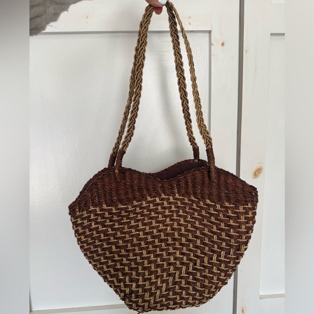 Vintage Woven Brown Tan Raffia Brown Straw Tote Bag